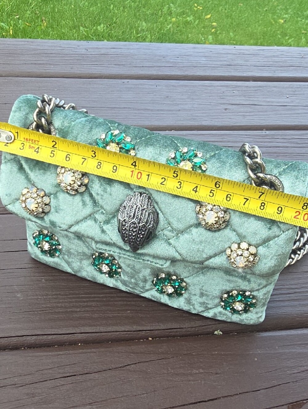 Kurt Geiger Embellished Quilted Green Velvet Shoulder Bag - Picture 11 of 16